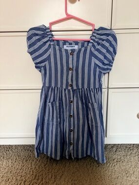 Old Navy Blue & White Striped Puff-Sleeve Button Dress